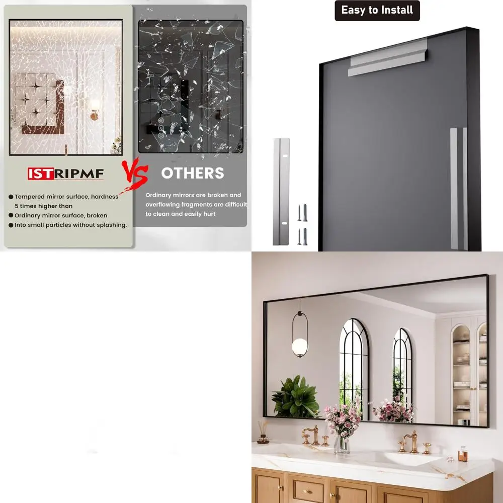 

60x30 Inch Matte Black Wall-Mounted Square Vanity Mirror, Rust-Resistant, Shatterproof for Bathroom, Bedroom, Living Room, and E