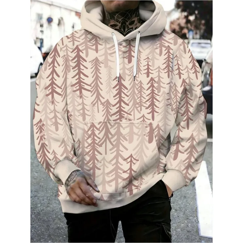 Men Plus Size Evergreen Pine Print Hoodie Polyester Pullover Casual Daily Stylish Comfortable Leisure Men's Top