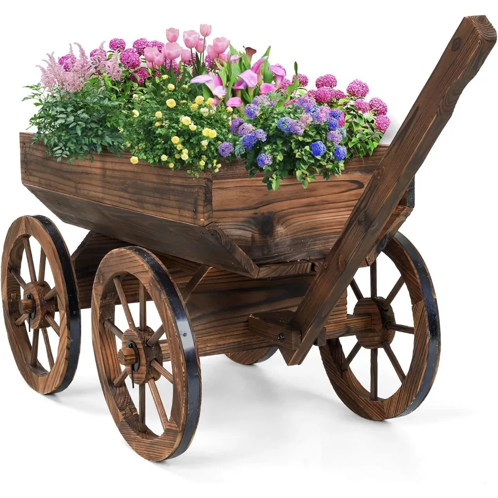 

Outdoor Rustic Wooden Flower Cart with Wheels for Balcony Garden Decor
