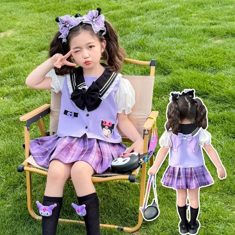 

Kuromi Shirt Short Skirt Two Piece Set Girls Summer New Style Set Pleated Skirt Jk Uniform College Style Children Cute Cartoon