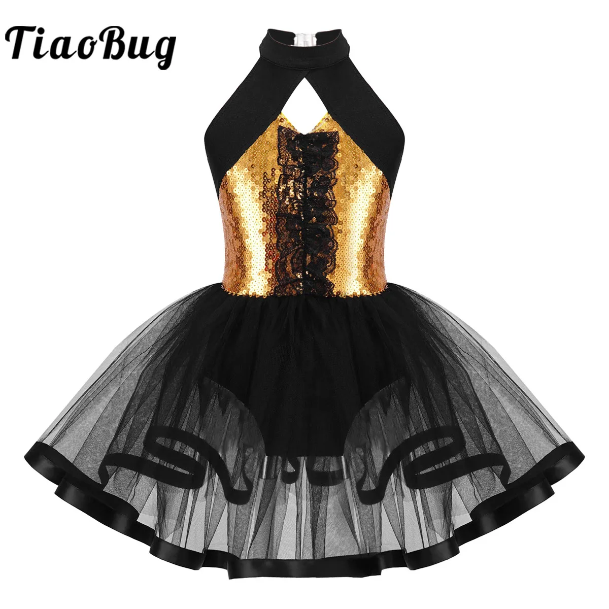 Vestido de tutú de baile de Ballet con lentejuelas para niñas, leotardo de gimnasia con cuello Halter brillante, ropa de baile latino moderno de Jazz