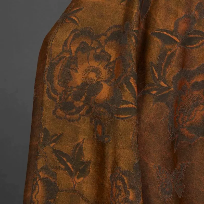 Jacquard Satin Fabric Caramel Brown Butterfly Peony Heavyweight Lustrous Vintage Zen Style for Hanfu Coat Vest DIY Sewing