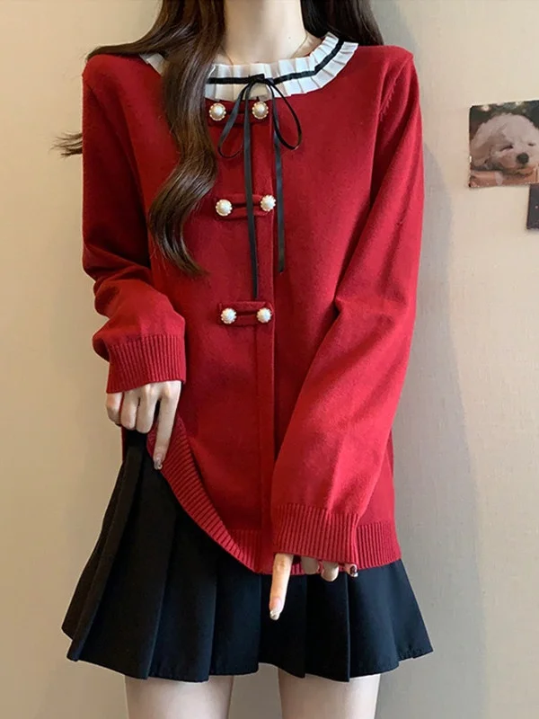 

Красный вязаный свитер больших размеров для женщин с круглым вырезом и кружевной отделкой, топ для ношения под одеждой, юбка А-силуэта с высокой талией, французский стиль, осень-зима