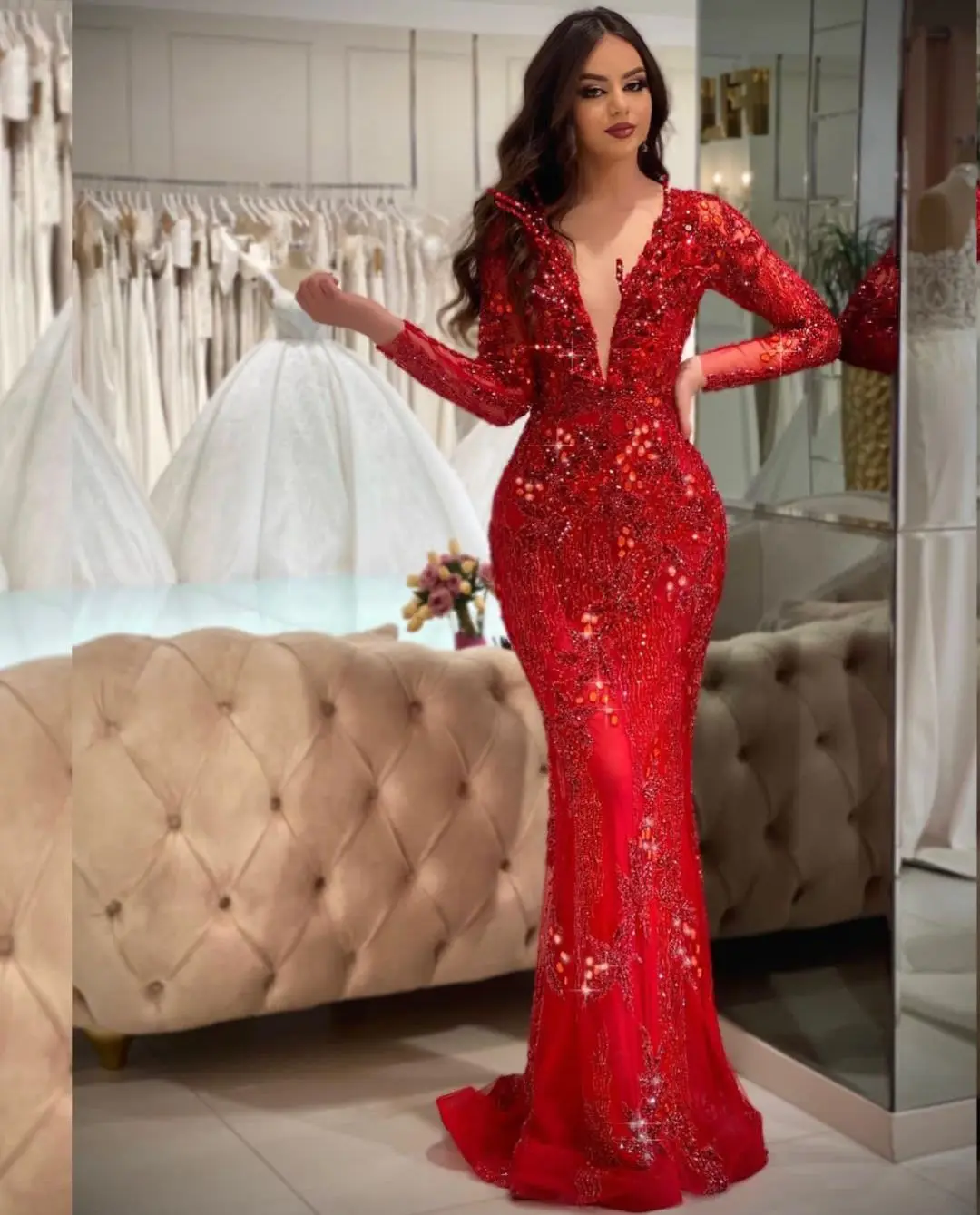 Red Mermaid Evening Dresses Long Sleeves V Neck  Sequins Sexy Beaded 3D Lace Diamonds Sparkly Zipper Prom Dresses Custom Made