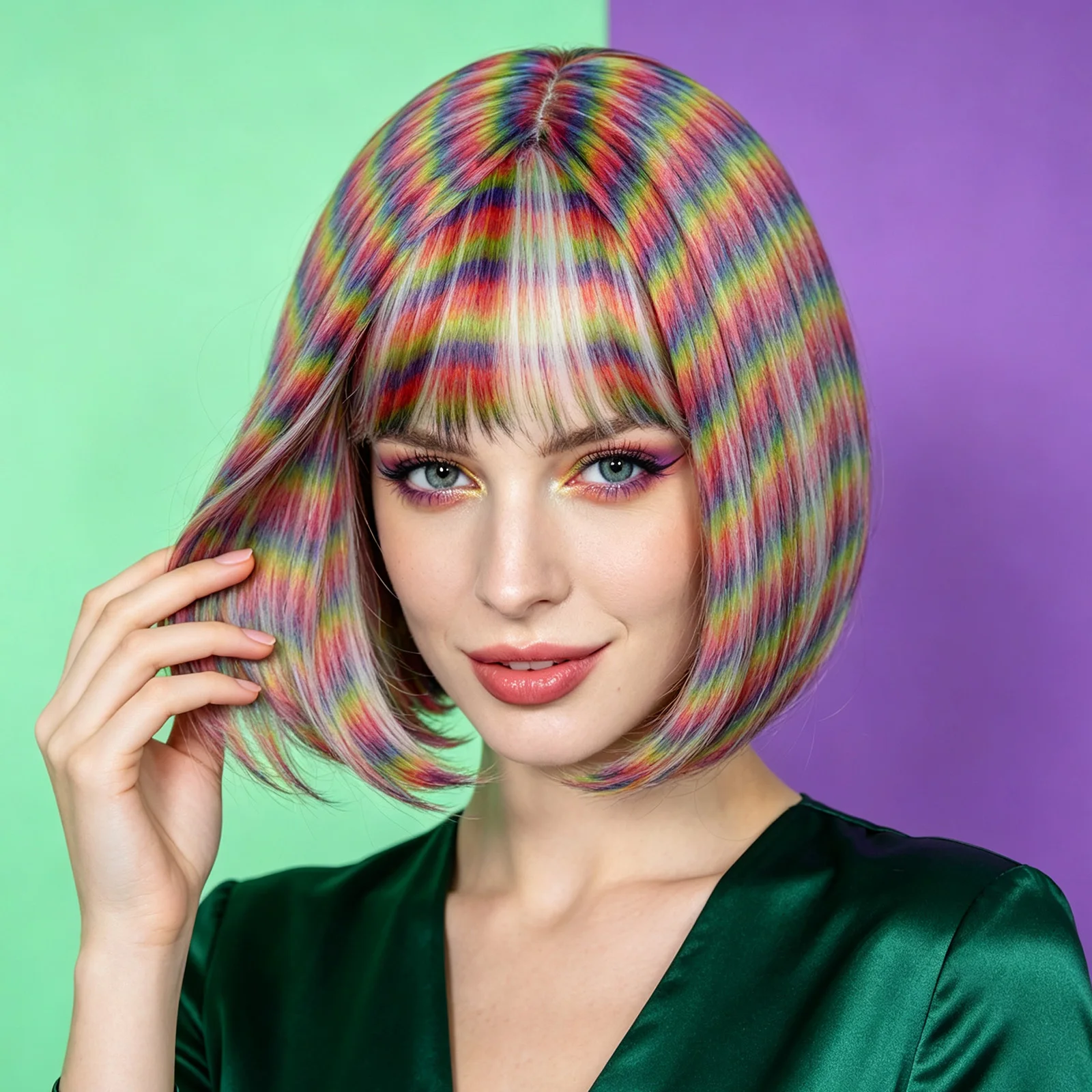 Rainbow Striped Short Bob Wig With Flat Bangs Synthetic Full Head Wig For Women Halloween Christmas Cosplay Party Costume