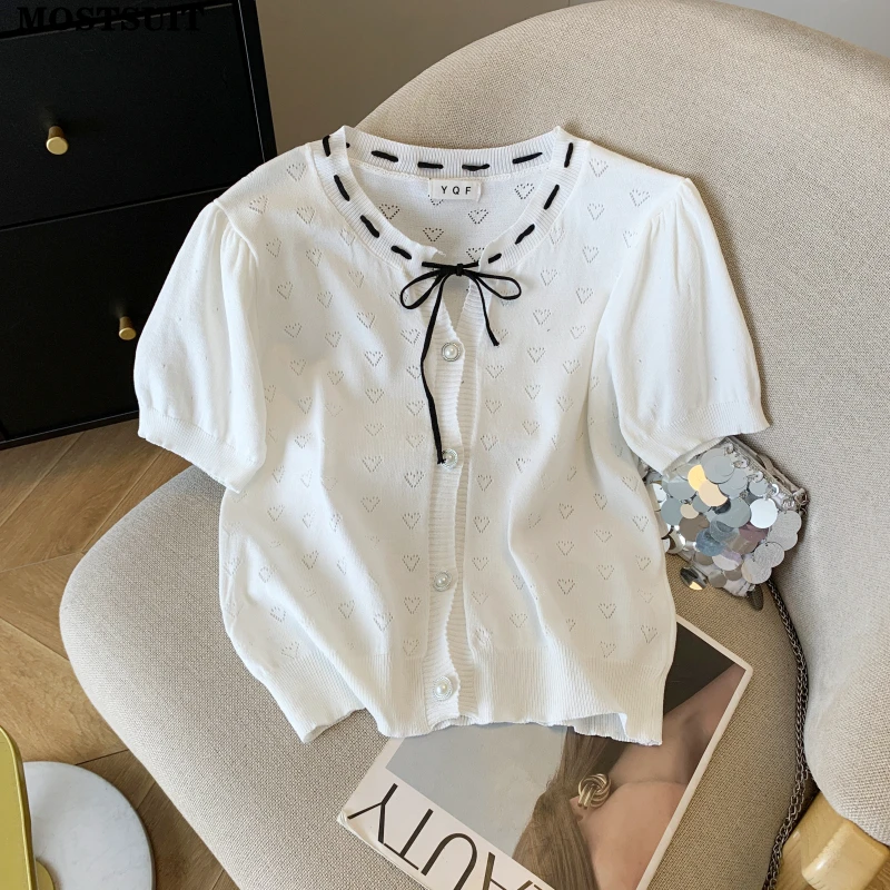 

2025 Summer Women Cardigan Sweater Heart Hollow Ice Silk Knit Knitwear Tops Short Sleeve Lace-up Bowtie Casual Fashion Jumpers