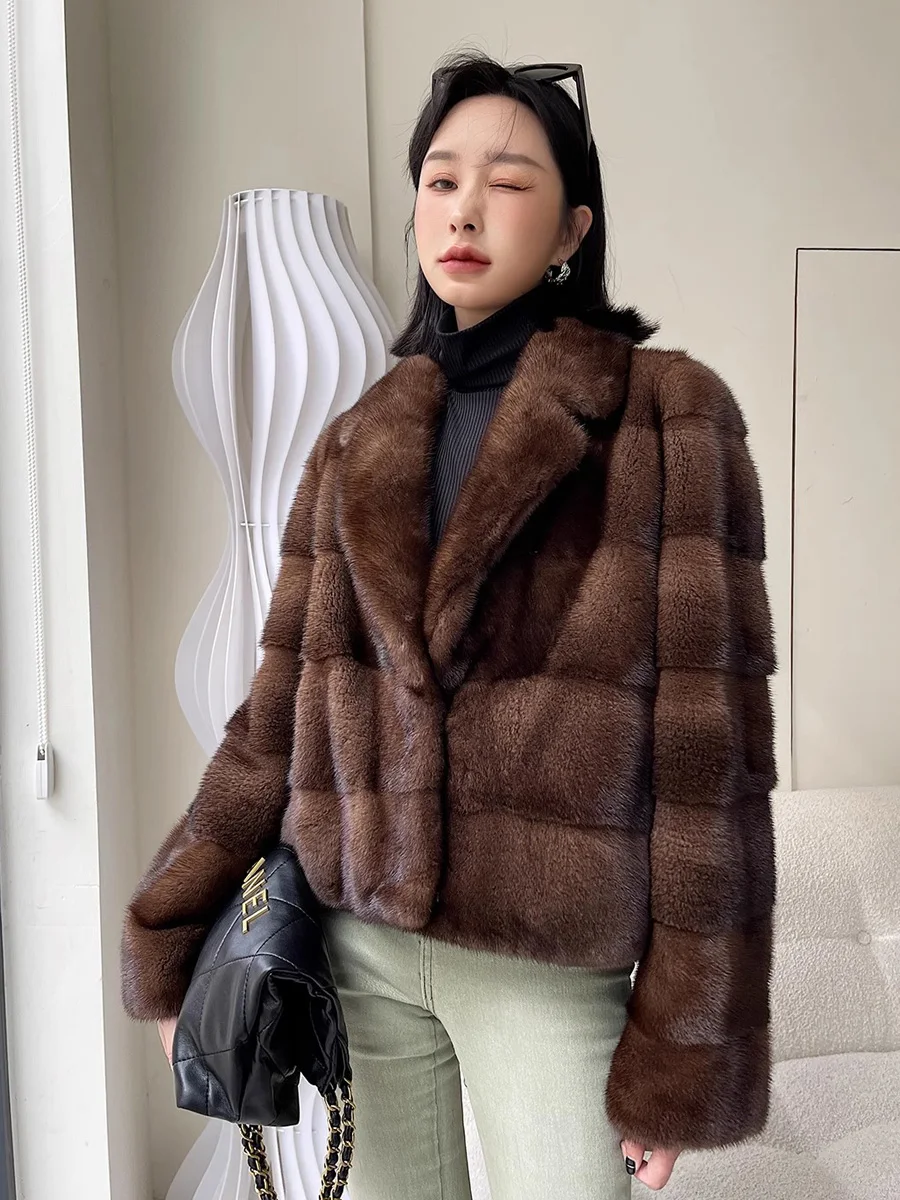 HDHOHR 2025 신상 100% 리얼 밍크 퍼 코트 여성 패션 필수템 천연 밍크 코트 따뜻한 숏 가죽 아우터 겨울 퍼 재킷