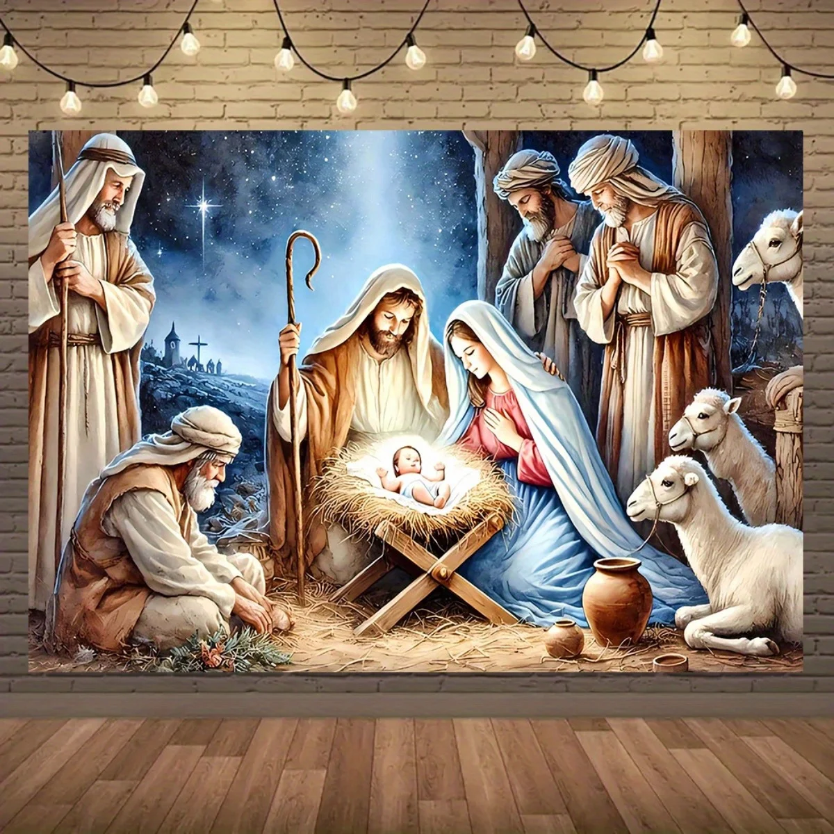 Nativity Scene Christmas Tapestry Wall Decor Christian Jesus Baby Jesus Xmas Mural Hanging Art Print for Church Home Gift