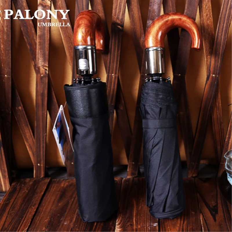 PALONY-Windproof Leather Handle Umbrella for Men, Strong Automatic Umbrella, Resistant, 3 Folding, Black, 10K