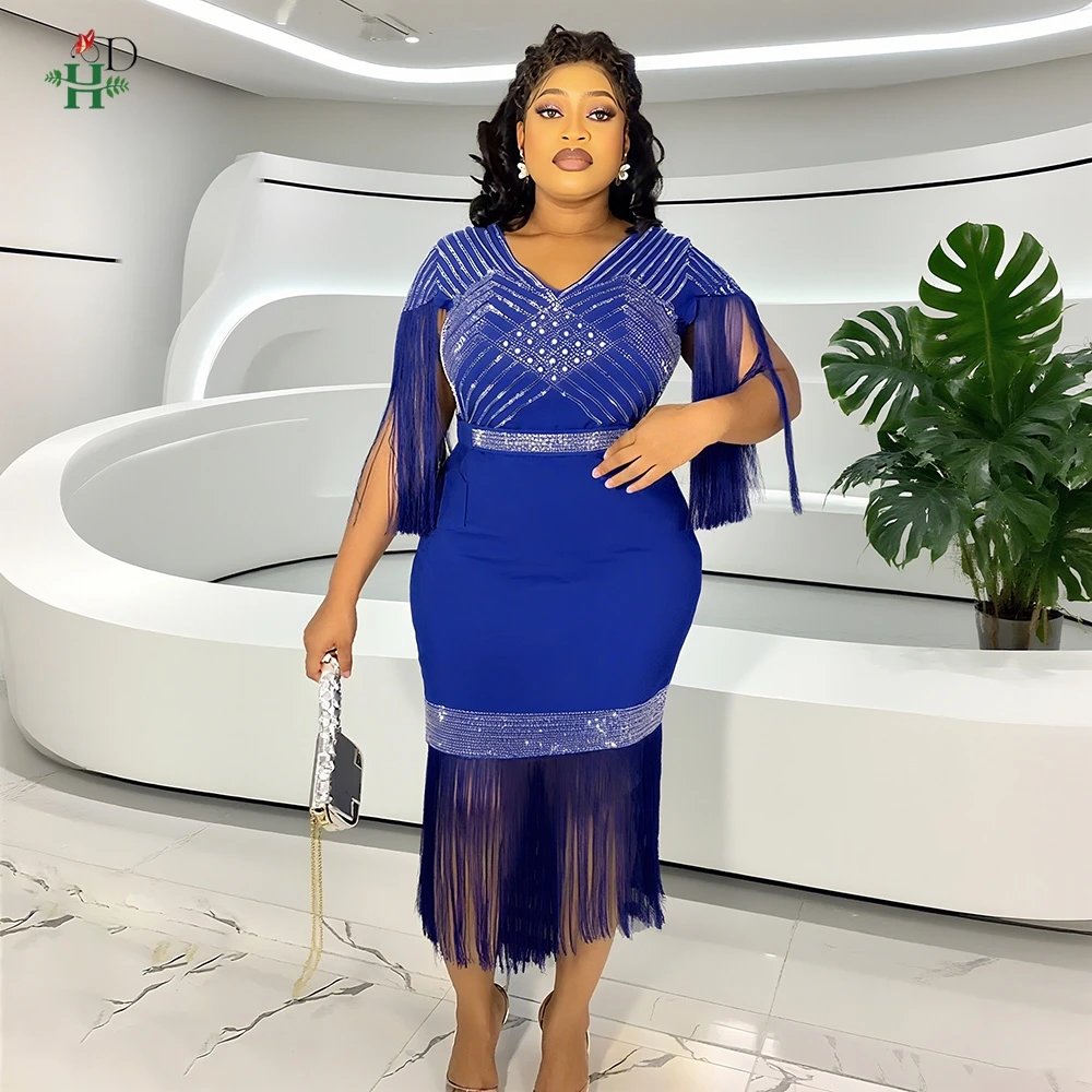 

Elegant African Dress For Women New Luxury Diamond Tassel V Neck High Waisted Package Birthday Party Robes Mini Bubu Office Wear