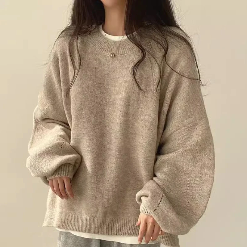 Cinza em torno do pescoço fenda lateral solto casual manga comprida camisola de malha sueter mujer estilo pulôver feminino roupas de inverno oversized