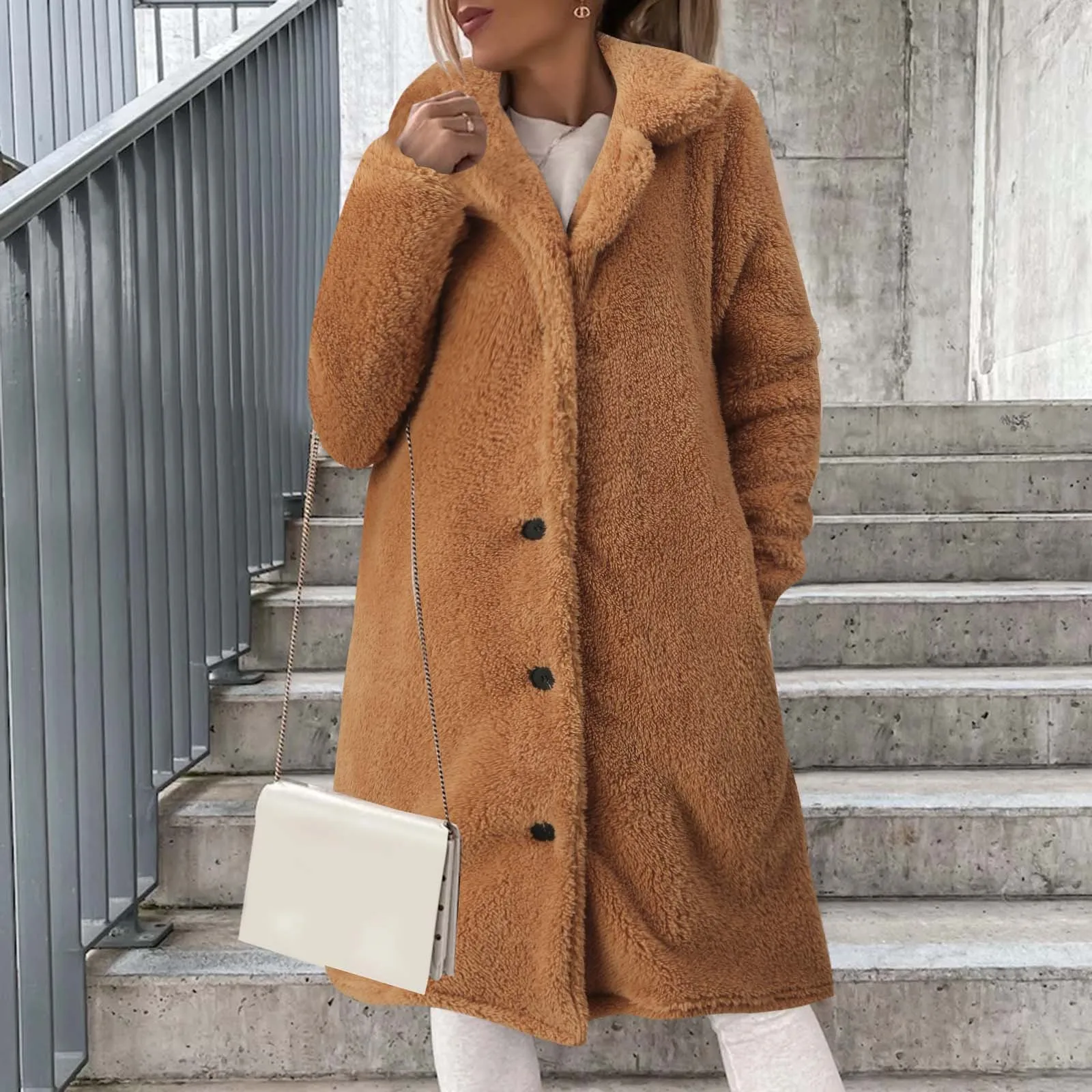 Chaqueta larga de felpa con solapa elegante para mujer, abrigo ajustado con bolsillo abotonado, prendas de vestir cálidas de felpa, ropa de calle, cortavientos de lana gruesa