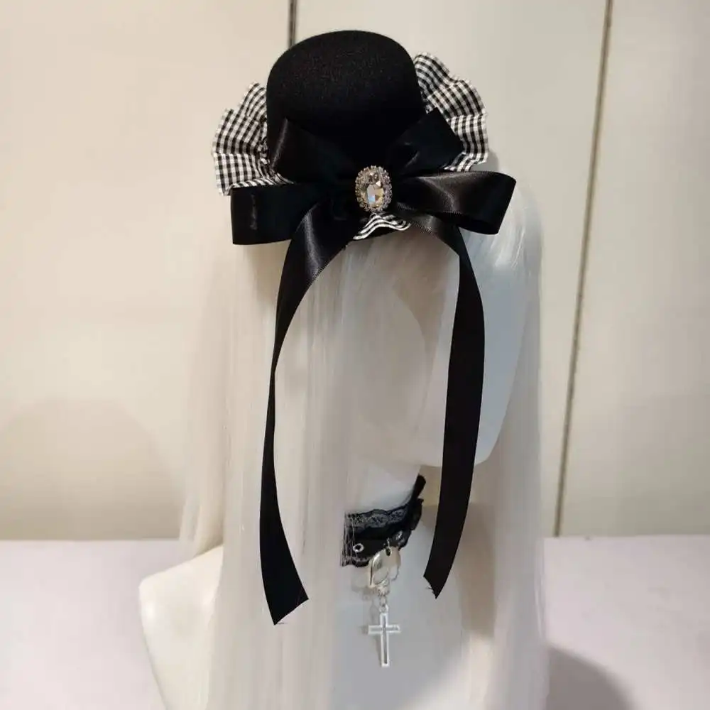 レトロゴシックブラックホワイトグリッドフリルパンクボウハイピンコミコン小さなシルクハットショーロリータ帽子アクセサリー