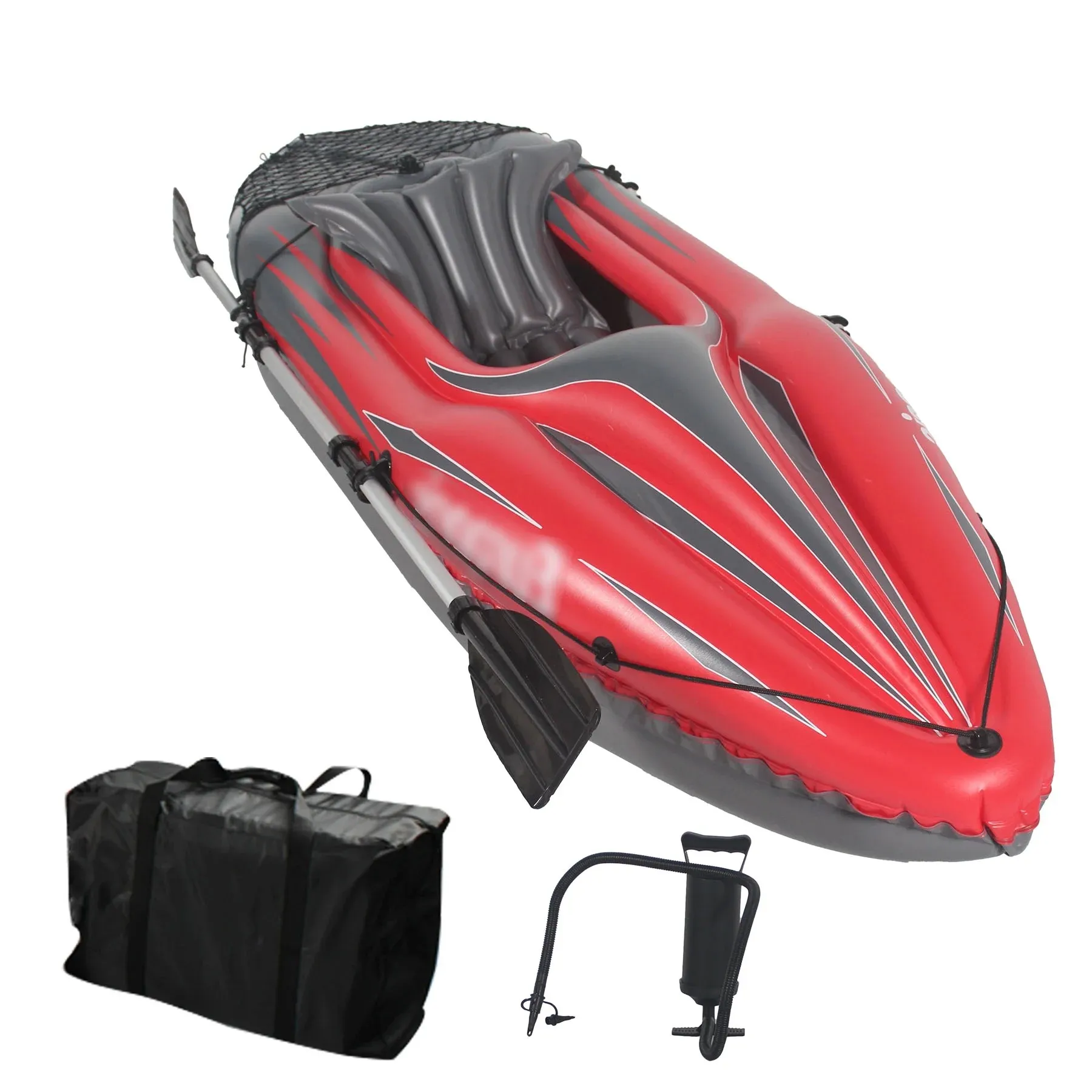 Bote de pesca inflable para kayak, canoa roja para adultos para 1 persona, con remos, bolsa, asientos, bomba de alto rendimiento, aleta, para lagos y ríos
