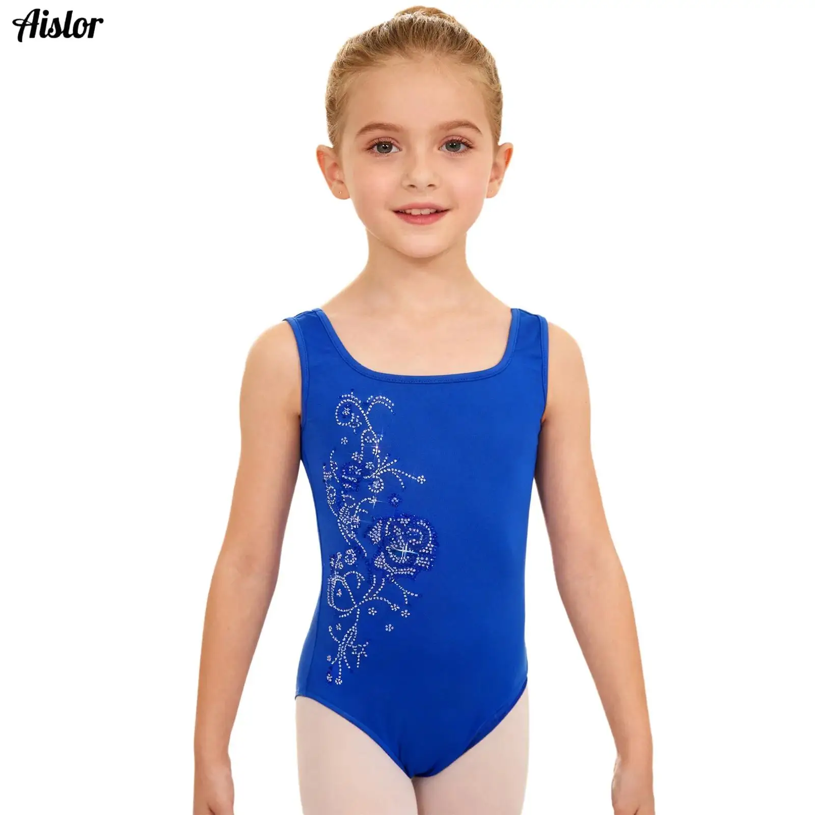 

Girls Rhinestone Flower Ballet Leotard Square Neck Sleeveless Thin Fleece Lined Bodysuit Gymnastics Figure Skating Dance Costume