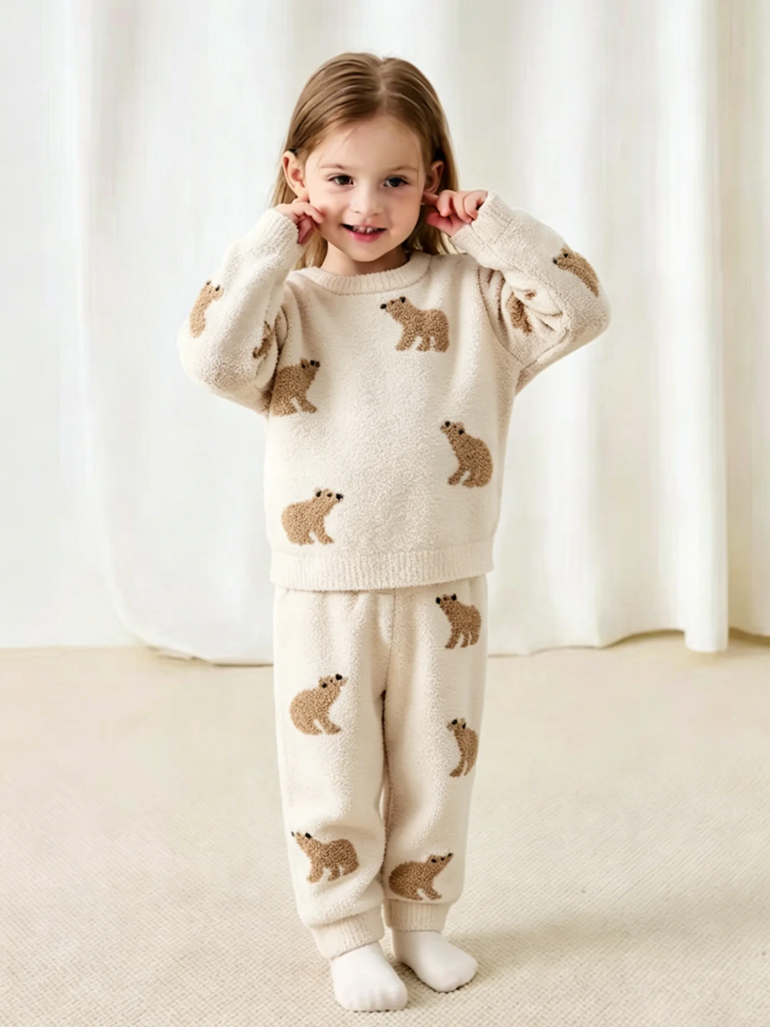 Ins Toddler Homewear Set 0‑3 Years Beige Bear Jacquard Fleece 2Pcs Suit Soft Pullover Tops+Pants For Baby Autumn Loungewear