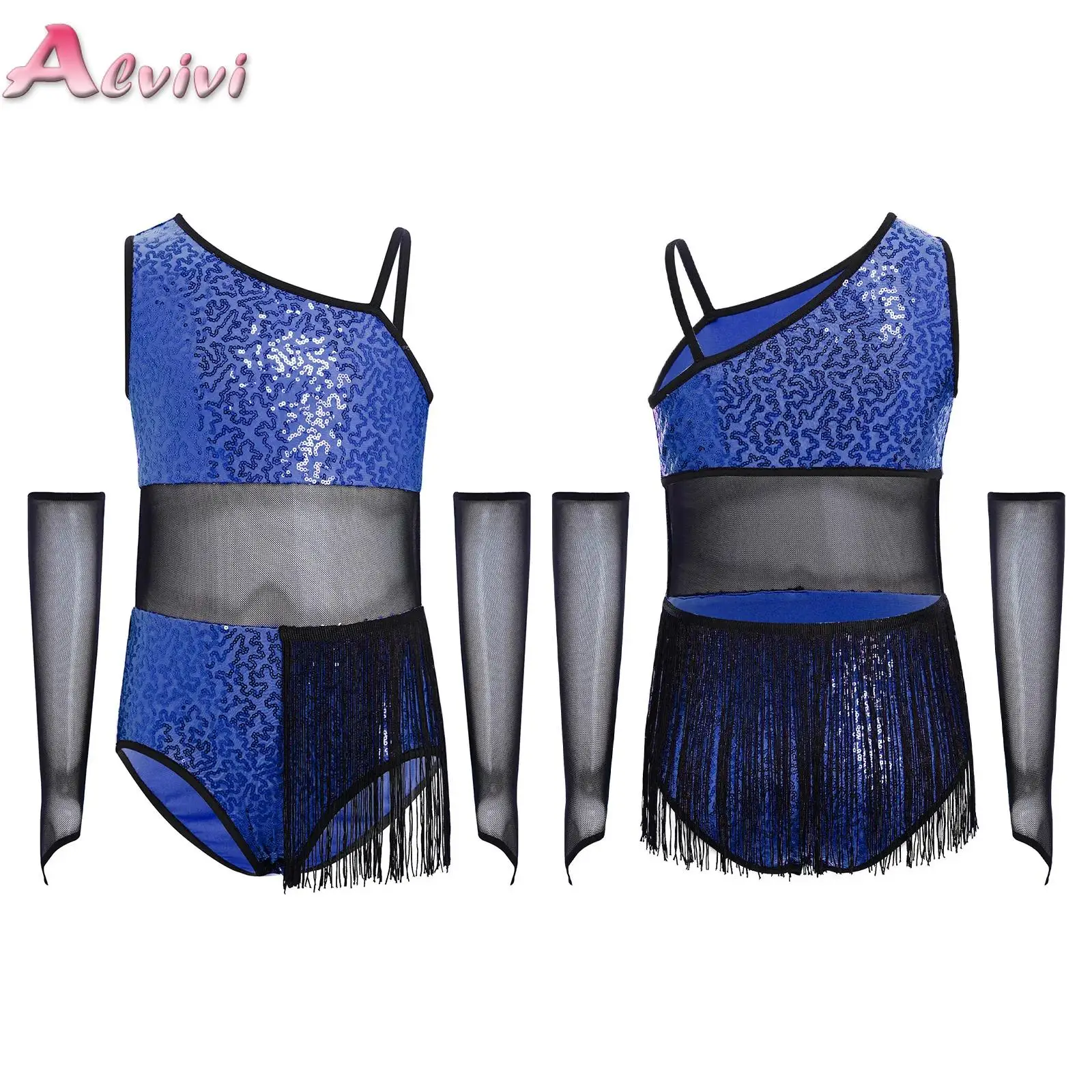 Big Girls Figure Skating Ballet Dance Competition Dress Shiny Sleeveless Tassels Hem Leotard Kids Lyrical Modern Latin Dancewear