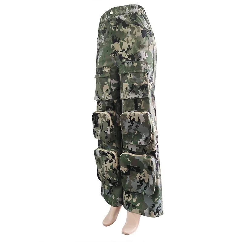 FAGADOER Fashion Camouflage Straight Pants Women Buttons High Waist Cargo Pocket Patchwork Wide Leg Trousers Y2K Streetwear New