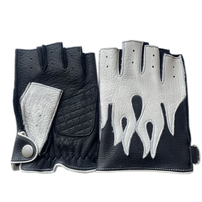 Deerskin Flame Motorcycle Riding Gloves Spring Summer Leather Men's Half-finger Gloves