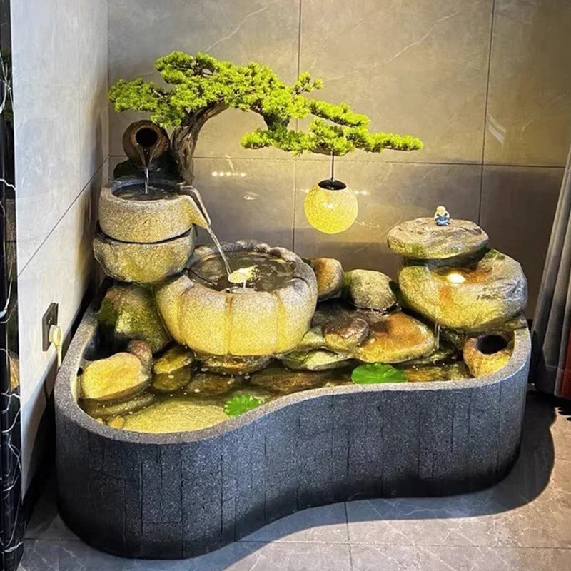 Under the indoor stairs, fish tank circulates water, flow ornament, entrance balcony, fish tank,