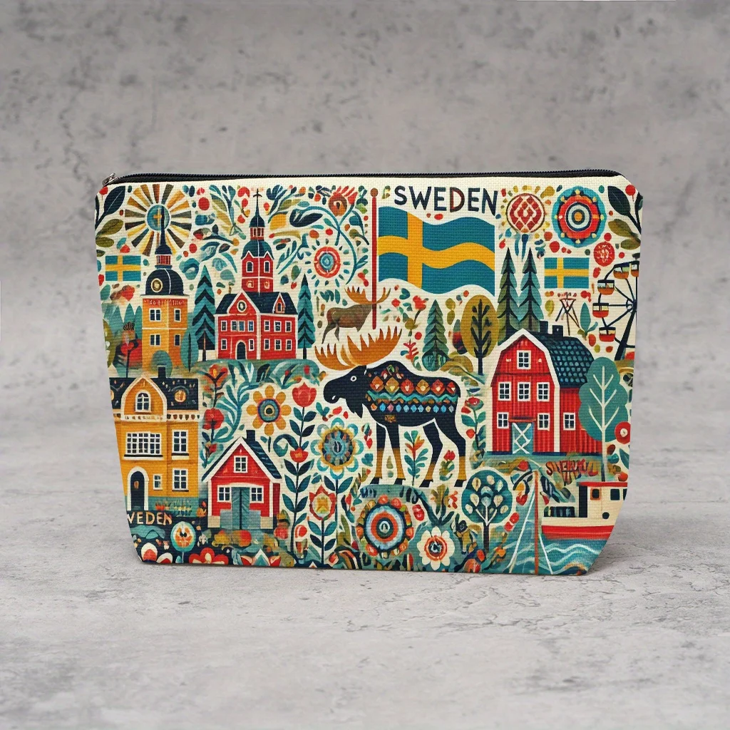 スウェーデンをテーマにした化粧ポーチ - 女性用多機能ジッパーポーチ、ジュエリー収納バッグ、旅行に最適なジッパー付き小型収納バッグ。