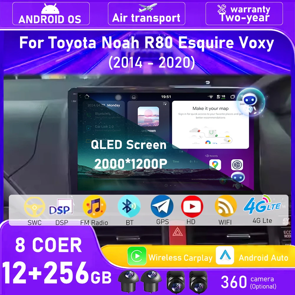 

Беспроводной CarPlay для Toyota Noah R80 Esquire Voxy 2014-2020 Android 16 Автомобильный радиоприемник GPS Мультимедийный плеер BT DSP 360 Камера