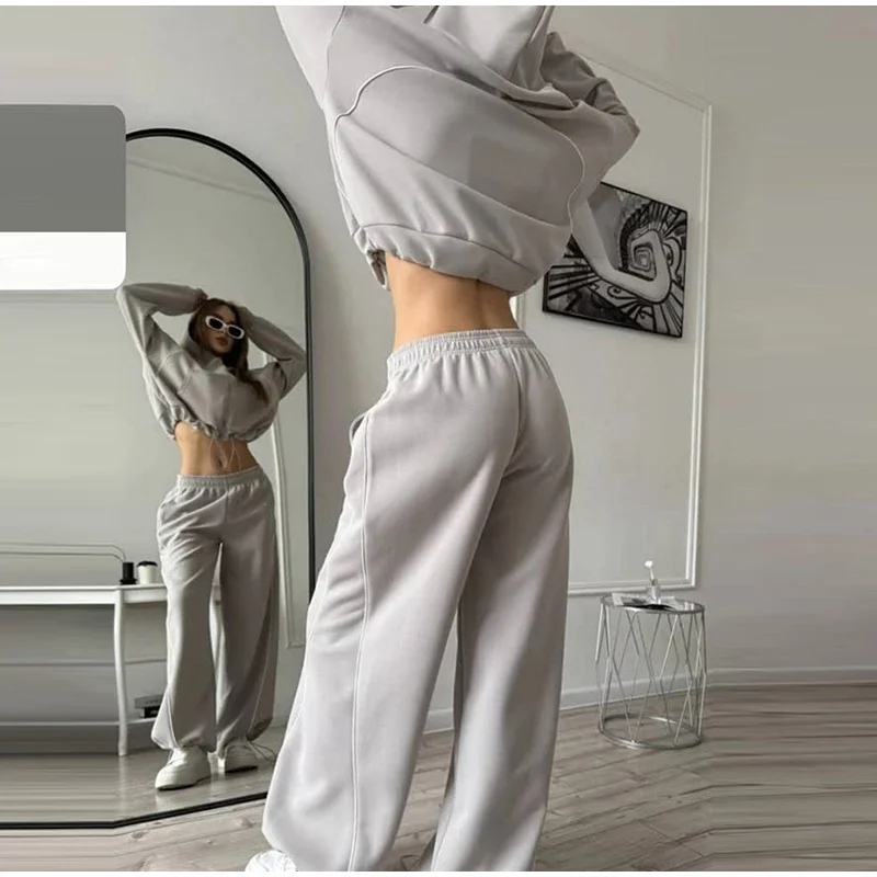 Damen-Hosen 2-teiliges Set: Kapuzenjacke mit langen Ärmeln und Reißverschluss, elastische Taille, weit geschnittene Hose, schicke Damen-Sportbekleidung, neues Herbst-Outfit. – Detail 15