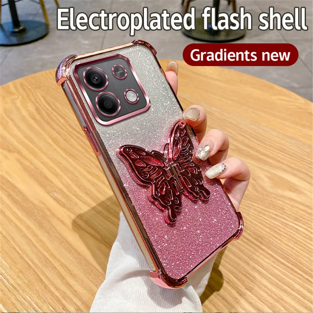 

Shockproof Glitter Butterfly Holder Stand Phone Case For Xiaomi Redmi Note 13 Pro 4G 5G 11S 10S 9S 9 10 11 12 Pro Plating Cover