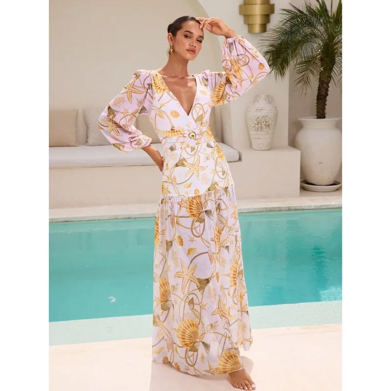 One Piece Swimsuit For Women European And American Swimwear Long-sleeved Shell Print Beach Vacation One-piece Swimsuit Suit Wome