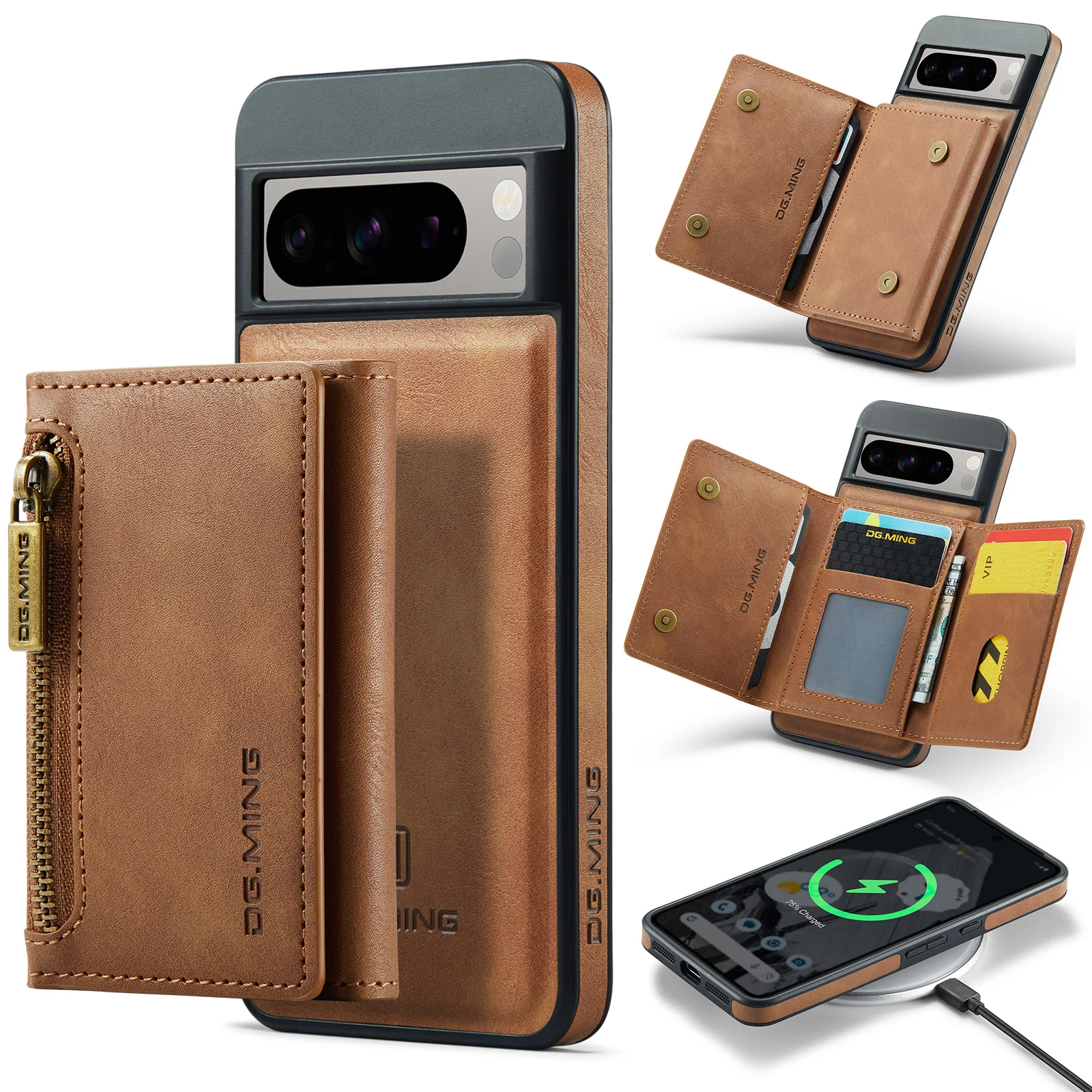 For Google Pixel 8 Pro Case DG.MING 2 in 1 Magnetic Detachable Leather Wallet Phone Cover M5