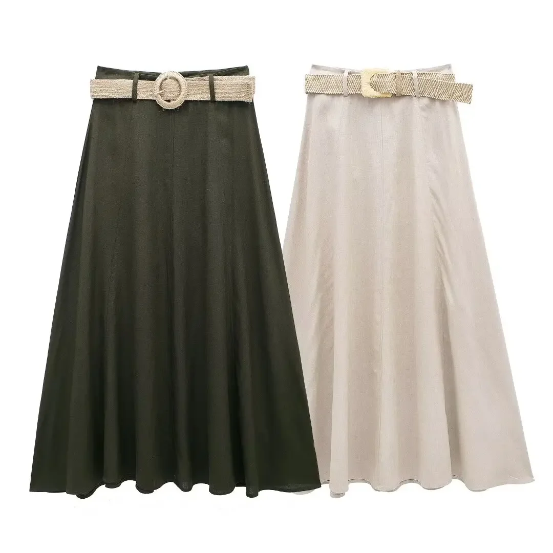 

Women 2024 New Fashion Flax blend with belt Midi Skirt Vintage High WaistFemale Skirts Mujer