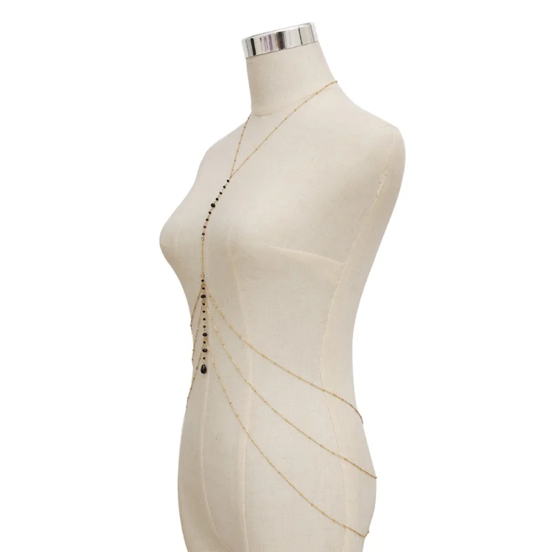 مثير متعدد الطبقات شرابة حبة البطن الخصر سلاسل شاطئ بيكيني الرقيق النساء الأسود كريستال قلادة العصرية الجسم قلادة Charm مجوهرات #4