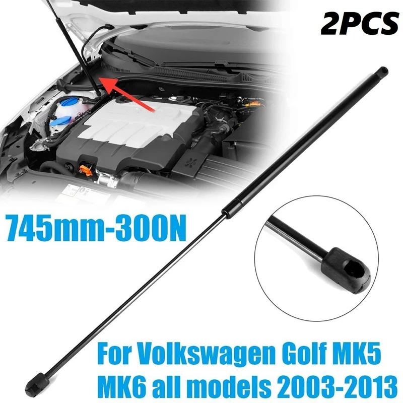 2X Car Front Hood Gas Lift Support Shock Strut Damper 745Mm-300N Shaft For Golf MK5 MK6 All Models 2003-2013