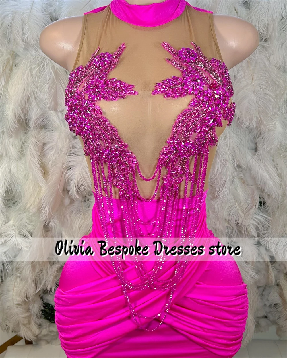 Impressive Hot Pink High Neck Birthday Prom Dresses Beaded Rhinestones Tassels For Black Girls Celebration Party Dress Mermaid