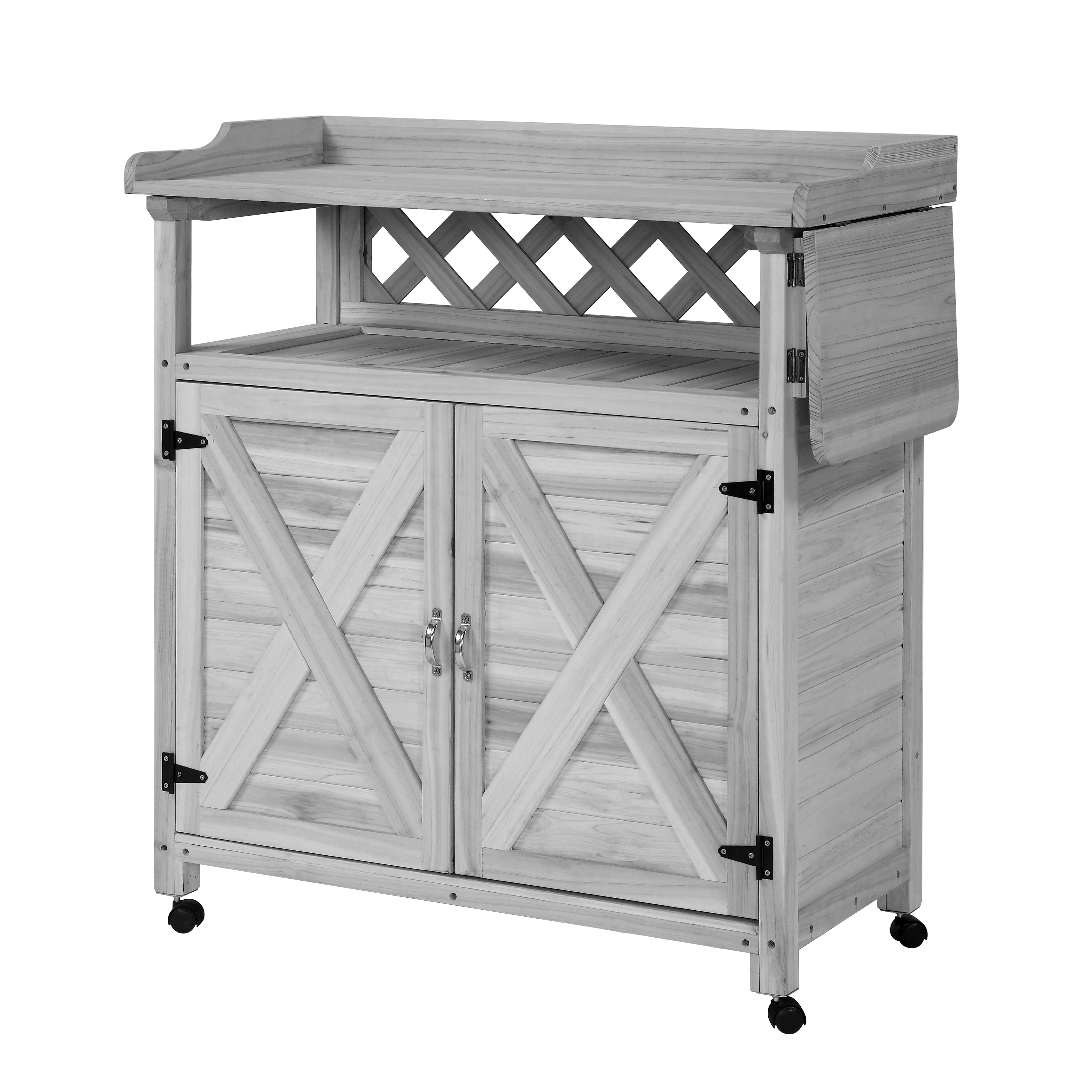 Wholesale Grey Color Wooden Potting Bench with Wheels Storage Cabinet and Foldable Shelf for Garden Work Table