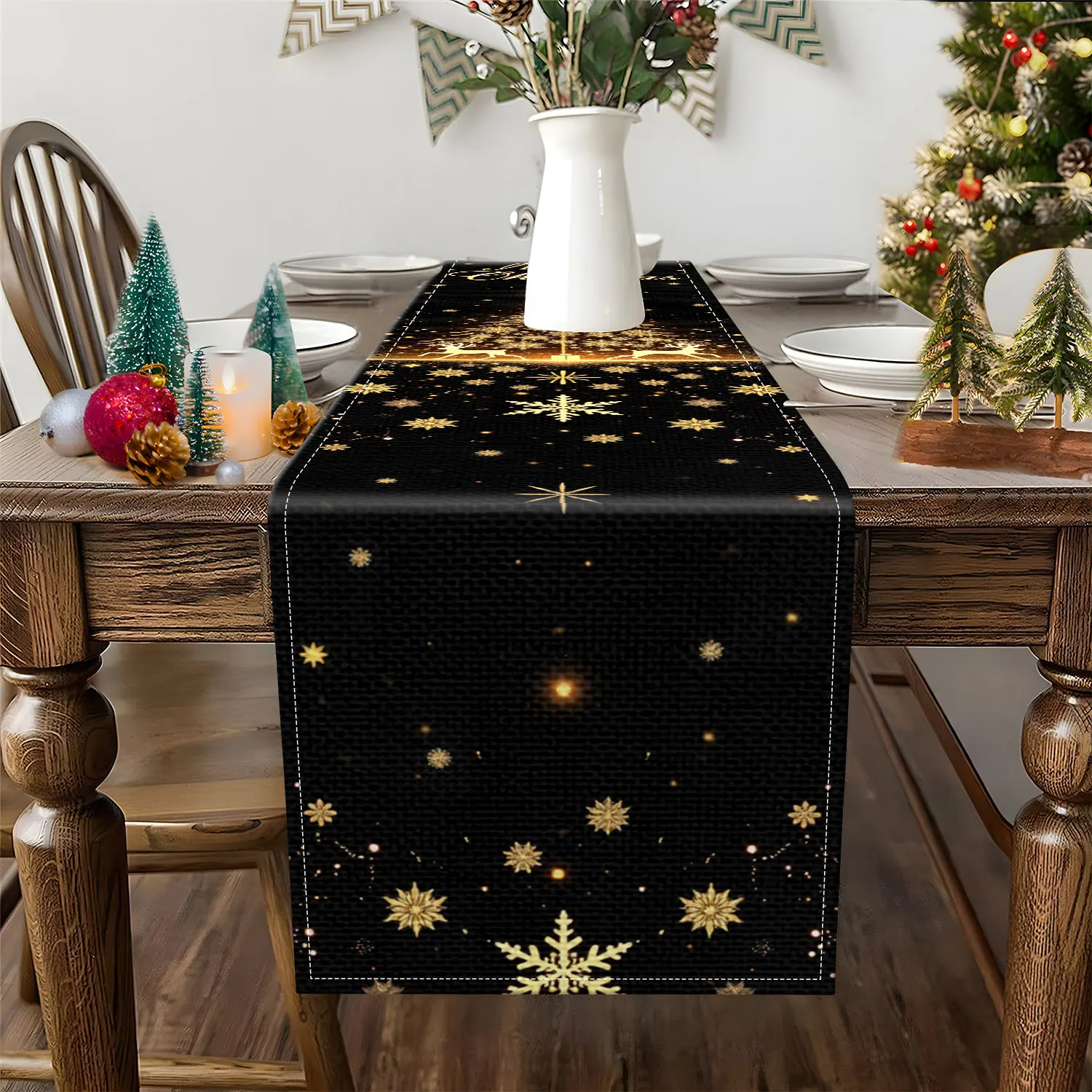 1 Piece of Golden Christmas-Themed Table Runner, Featuring Christmas Trees, Reindeer, and Snowflakes as Main Motifs, Suitable for Christmas Parties, Family Holiday Decorations, and Other Occasions
