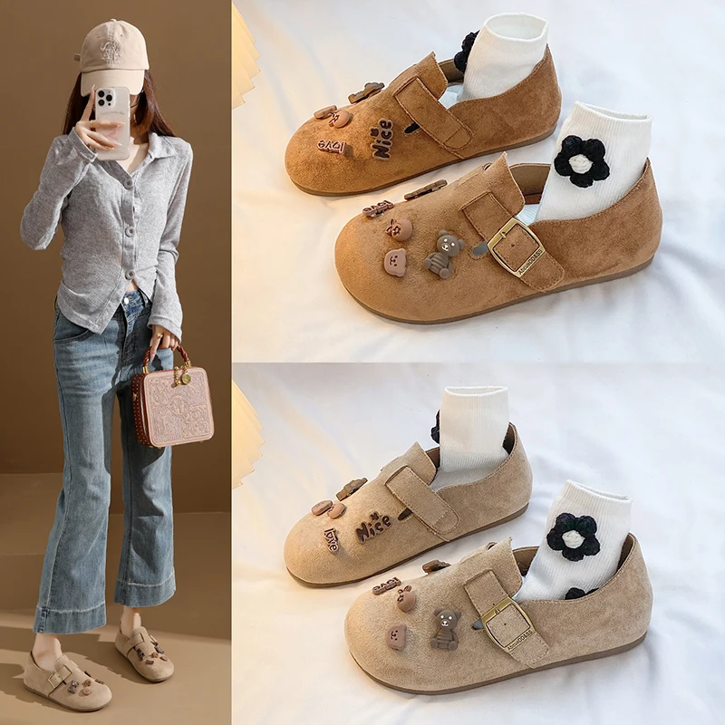 

Womens 3.5cm Platform Loafers Bear Decor Suede Upper Buckle Strap Comfortable Walking Shoes Non Slip Sole Casual Footwear