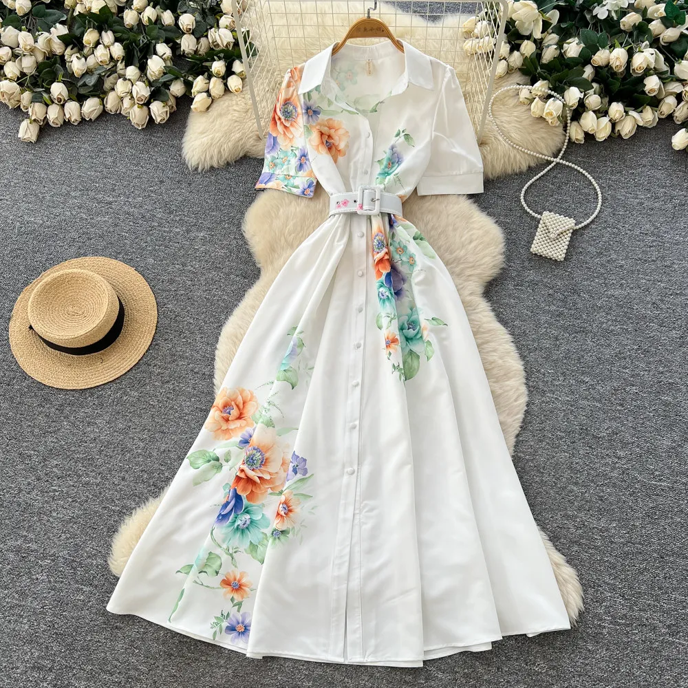 

ALPHALMODA 2026, Весна, Лето, Новое платье с цветочным принтом, с короткими рукавами, с завышенной талией, элегантное женское платье с поясом