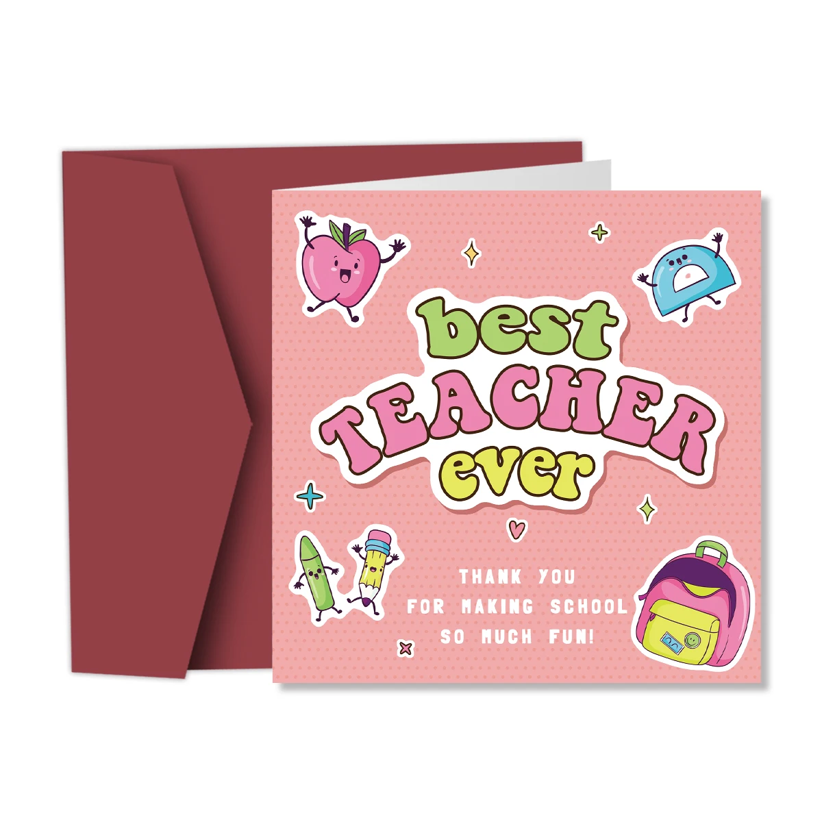 Cute Thank You Card, Best Teacher Ever, Teacher Appreciation Cards with Envelopes, Blank Inside, Funny Birthday Card for Teacher