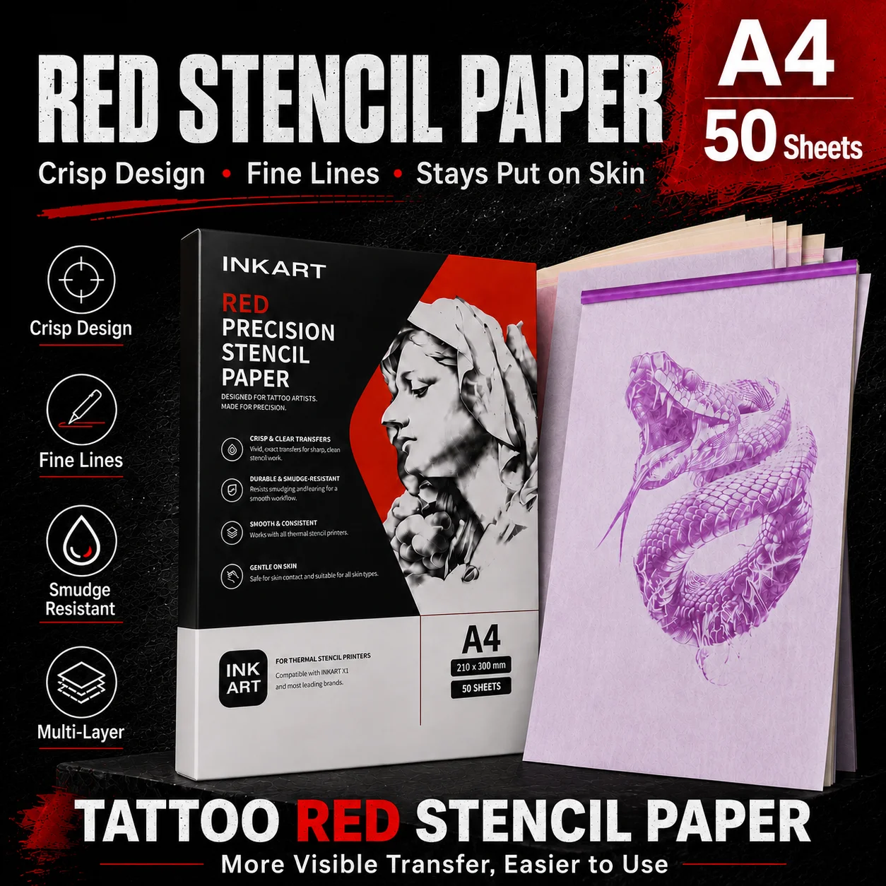 INKART Professional Red Tattoo Transfer Paper, 50 Sheets/Pack, A4 Thermal Paper, Compatible with X1 and Mainstream Printers