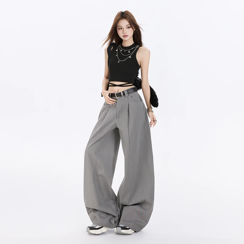 

2025 New Grey Retro Casual Pants for Women in Four Seasons, Loose and Elegant Style, High Waist, Slim and Wide Leg Pants