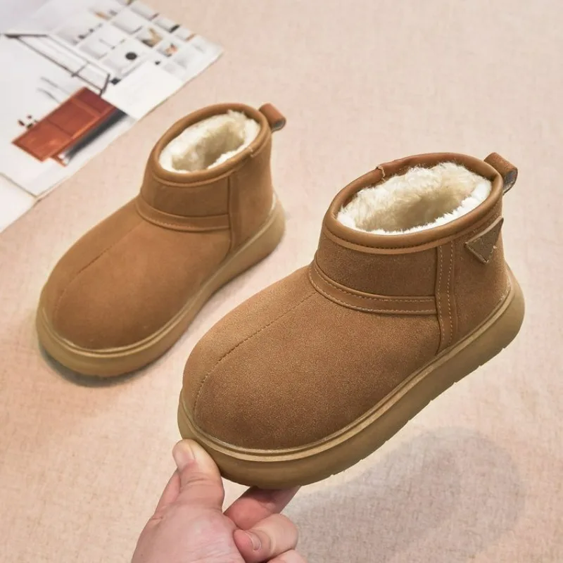 Boys and Girls Platform Snow Boots 2024 Winter New Retro Matte Leather Velvet Warm Non-slip Short Boots