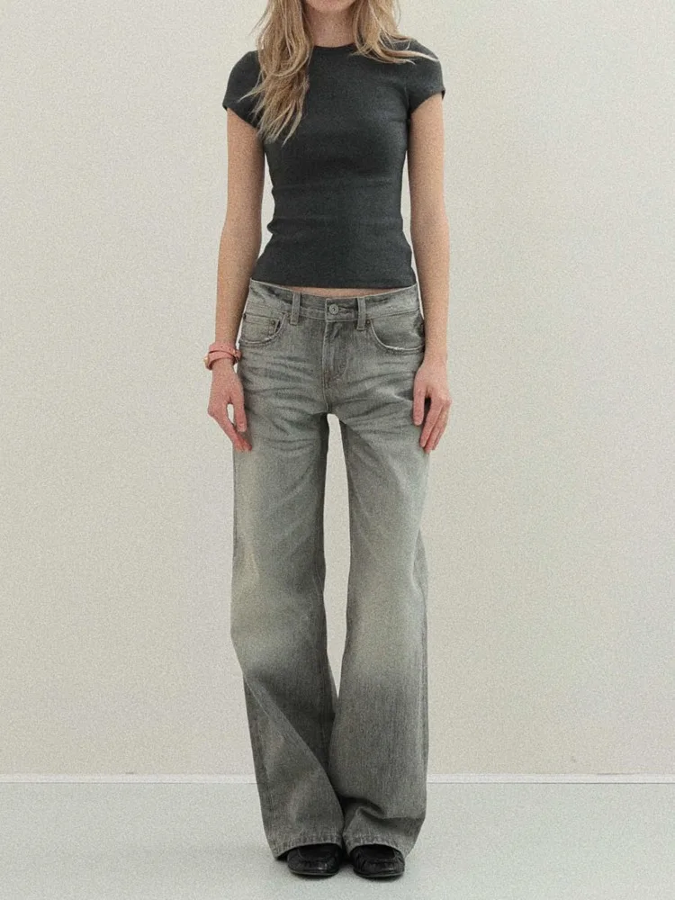 

Deeptown Women Gray Jeans Washed Baggy Straight Denim Trousers Casual Classic American Retro Wide Leg Jeans Vintage Streetwear