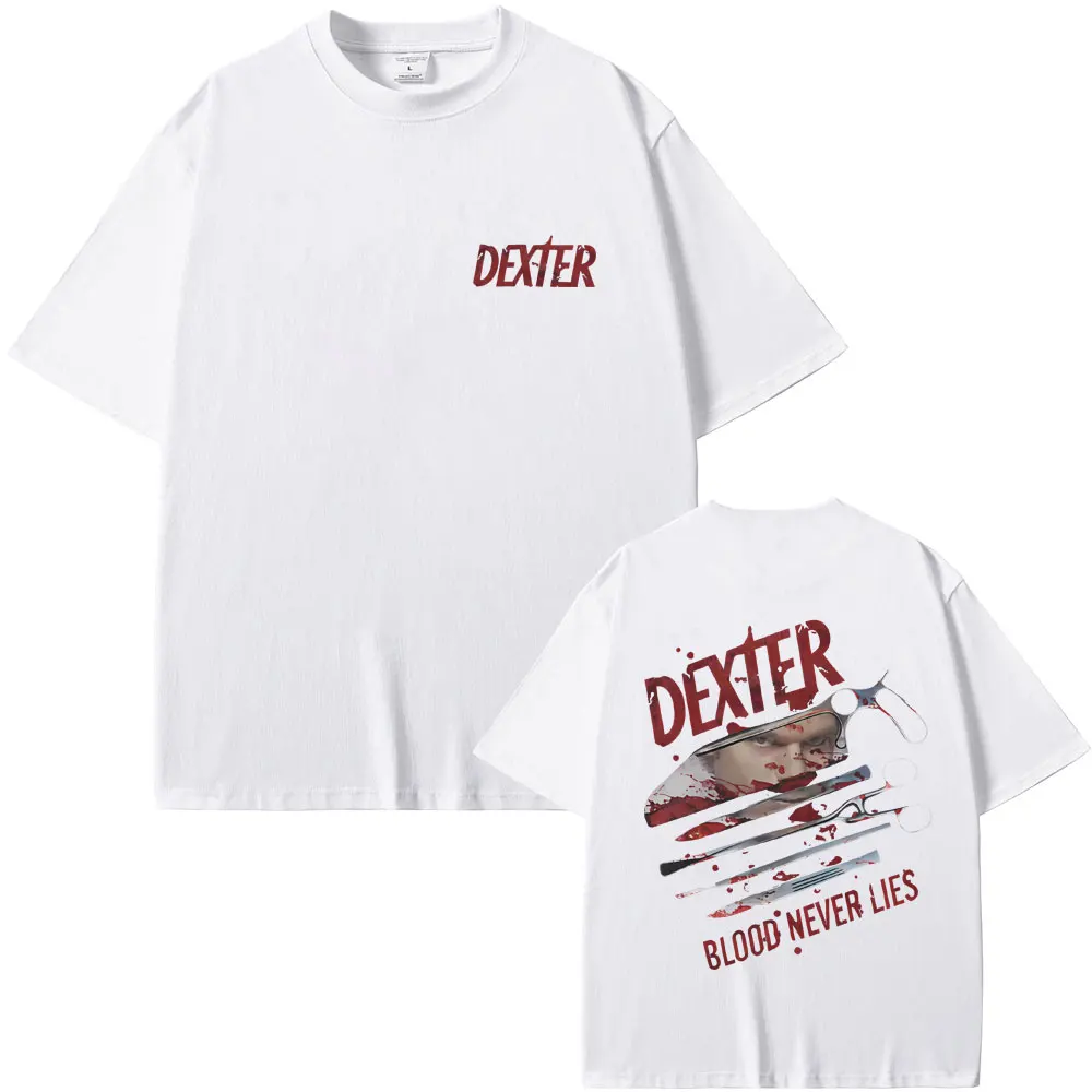 TV Play Dexter Morgan Blood Never Lies Camisetas gráficas Homens Mulheres Roupas Casual Camiseta de algodão masculina Vintage Camiseta de grandes dimensões