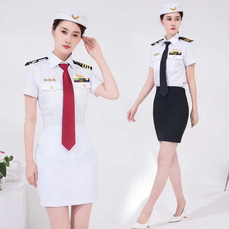 

Summer seawoman Hat + shirt + Skirt + Accessories female short sleeved captain aviation uniform stewardess professional Clothing