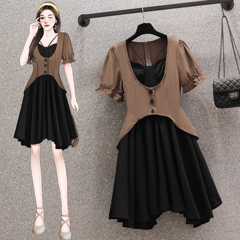 

2023 summer new French fashion fake two-piece bubble sleeve vest dress women sexy skirt