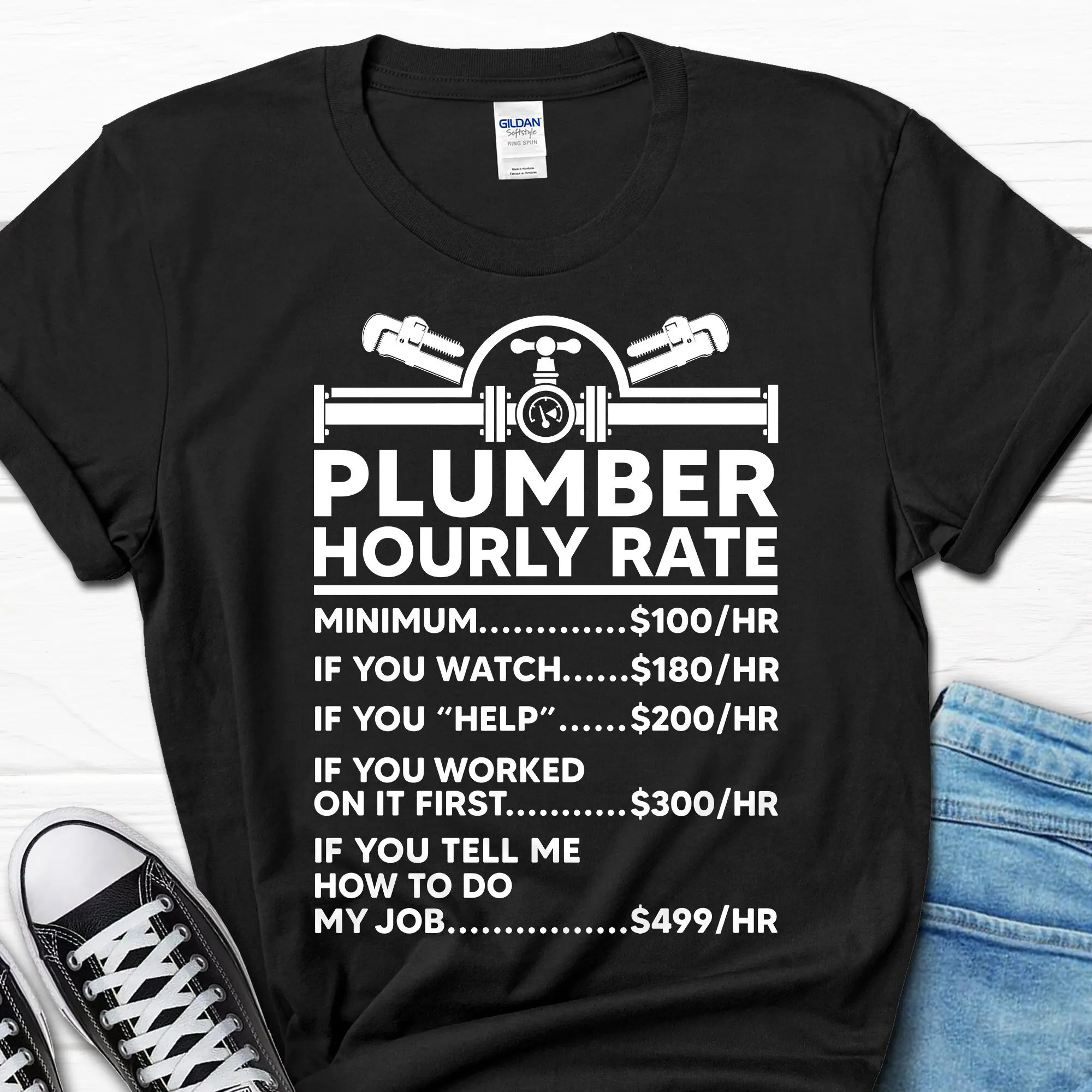 

Plumber Hourly Rate T Shirt Father's Day Handyman Dad For Husband Plumbing Men's Him