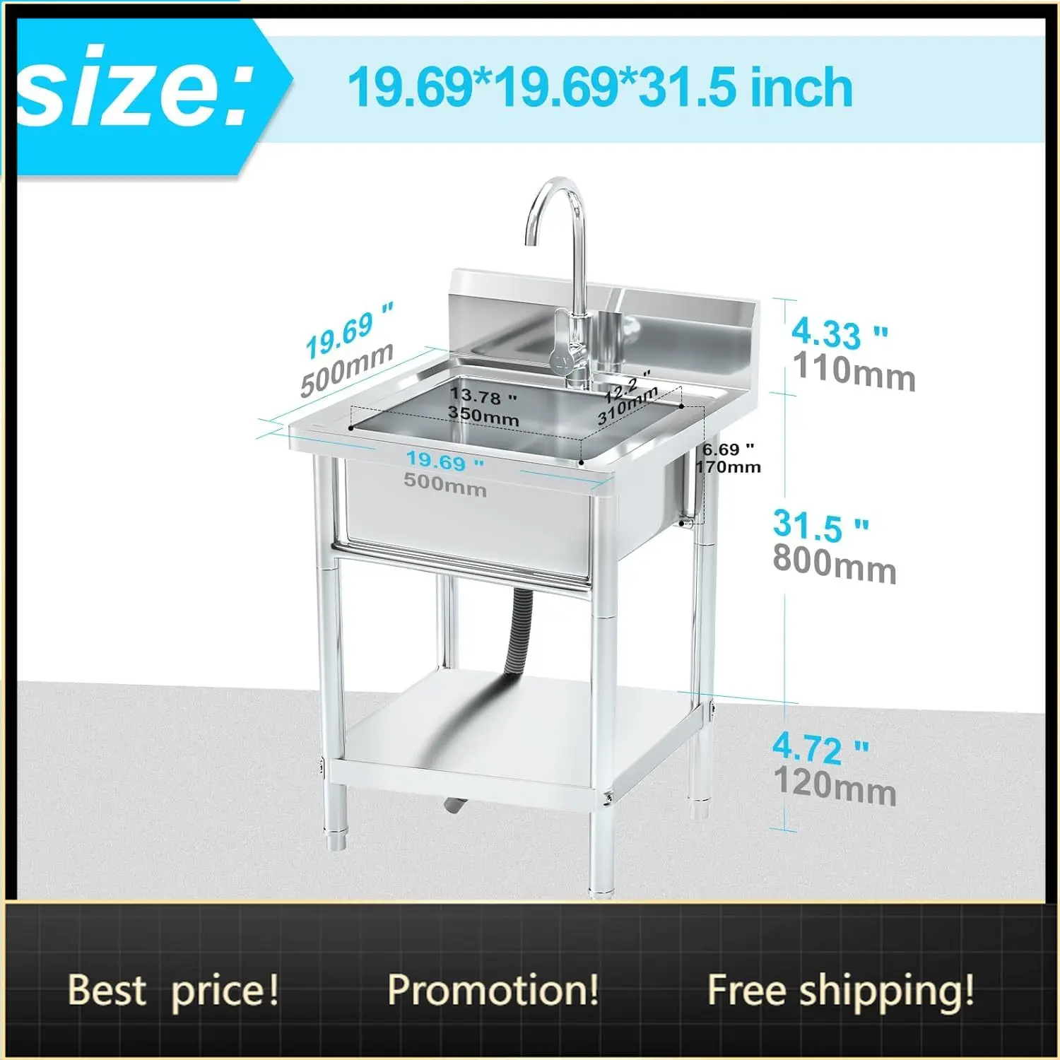

Stainless Steel Utility Sink Freestanding Single Bowl Laundry Sink with Hot and Cold Water Plumbing for Kitchen and Bathroom Far
