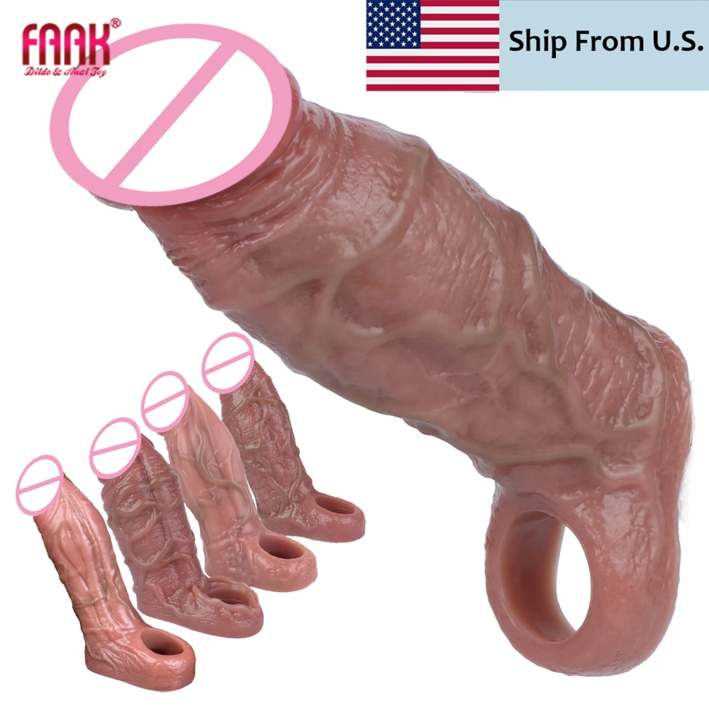 FAAK Silicone Penis Sleeve Extender Penis Ring Cock Sleeve Realistic Hollow Dildos Adult Toys for Enlarge Prolong Pleasure