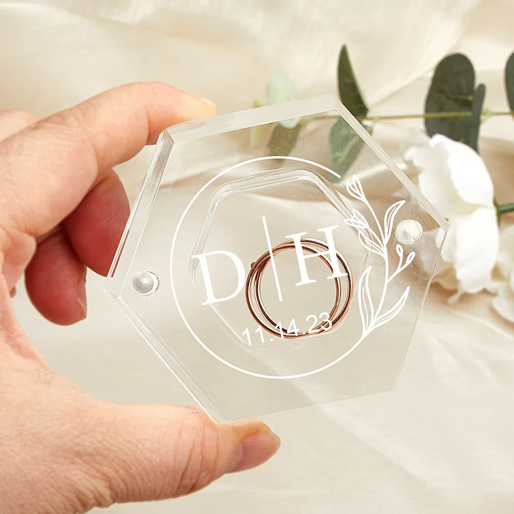 Personalized Clear Acrylic Wedding Ring Box Engagement Proposal Engraved Ring Bearer Box Modern Hexagon Ring Storage Case